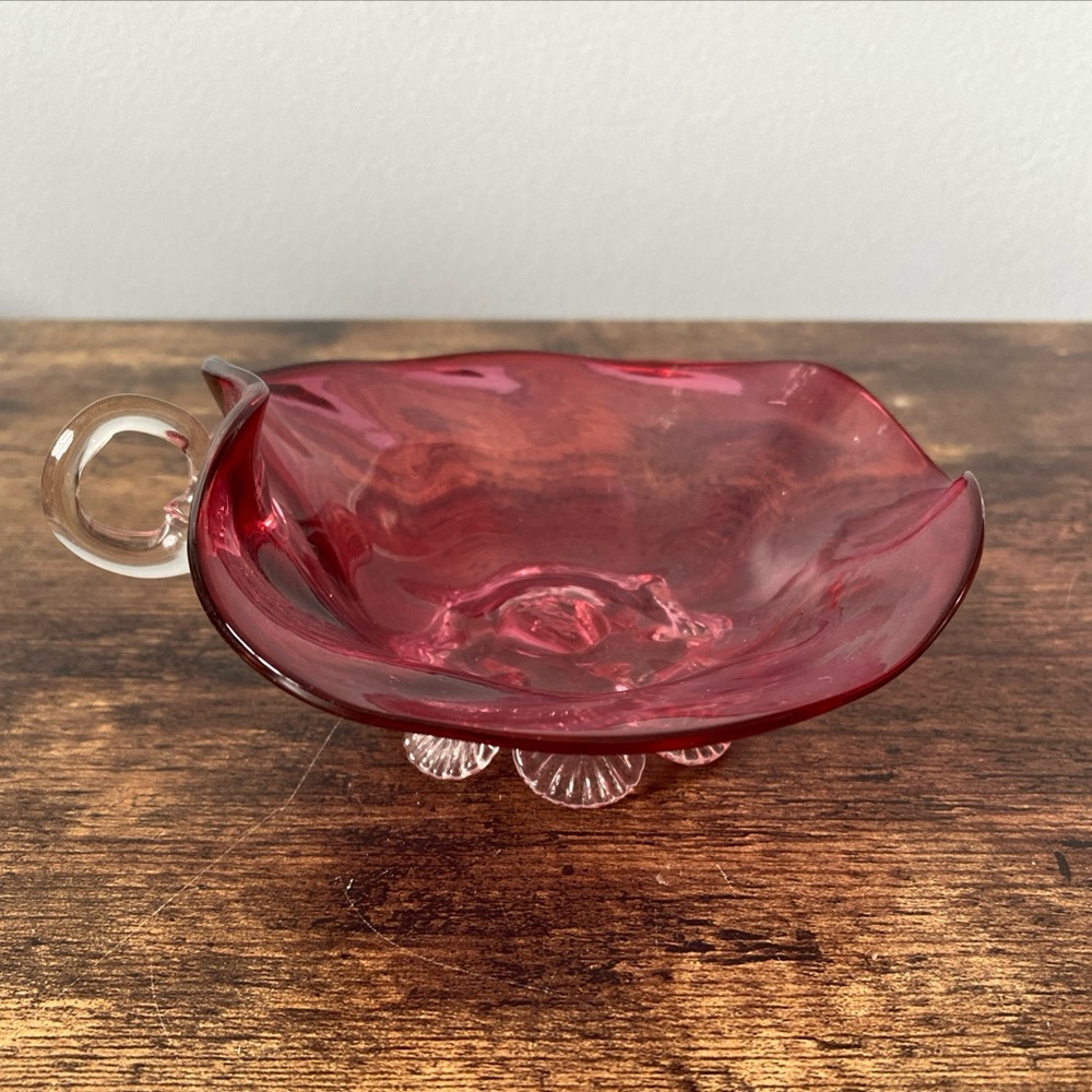 Vintage Handblown Cranberry Glass Footed Dish With Glass Handle And Spout